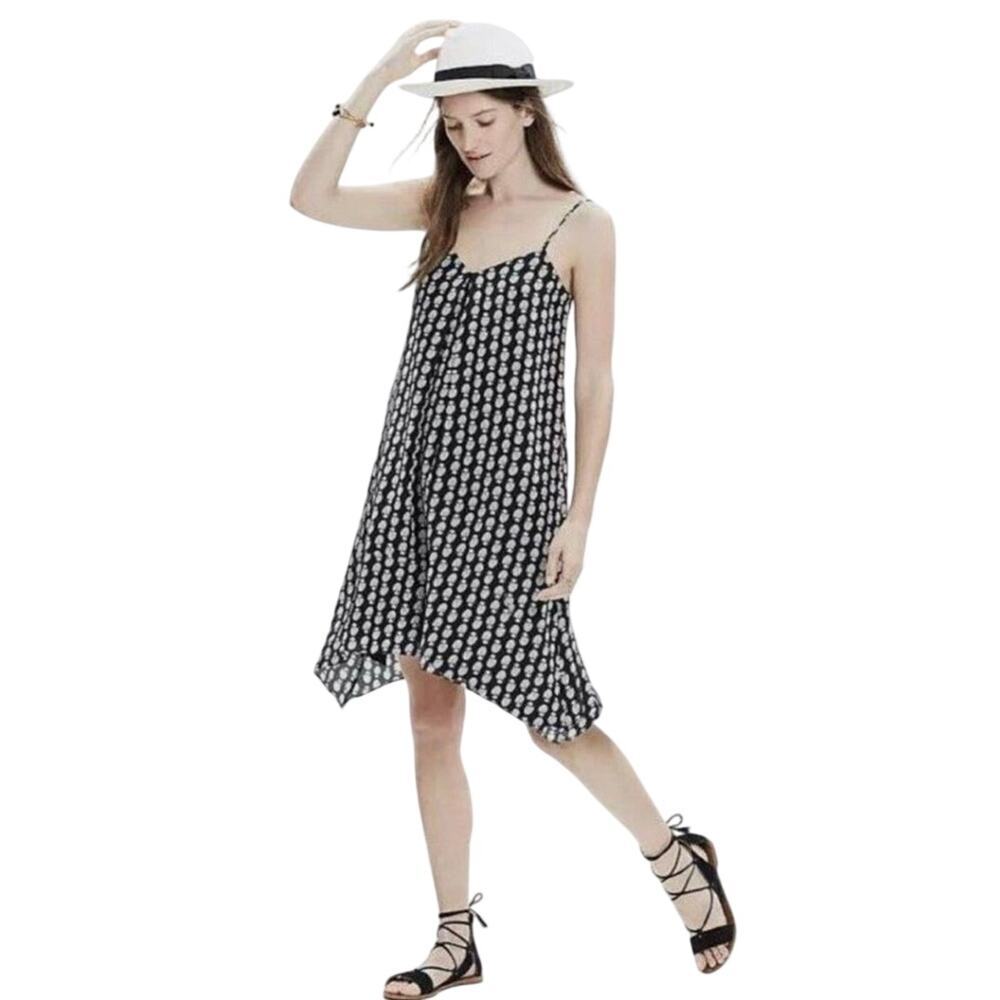 Madewell 100% Silk Trapeze Cami Dress Black White Bloomstamp Pockets Size large